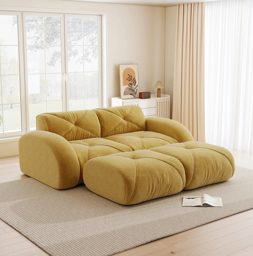 Divano modulare 2 posti in Chenille giallo con 2 pouf, senza struttura, ideale per soggiorno e appartamenti