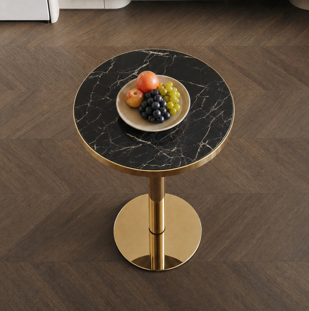 Tavolino da salotto rotondo effetto marmo nero e oro in MDF HOMVRA