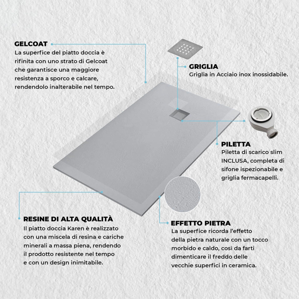 Piatto doccia 70x140 cm grigio effetto pietra in resina riducibile Karen