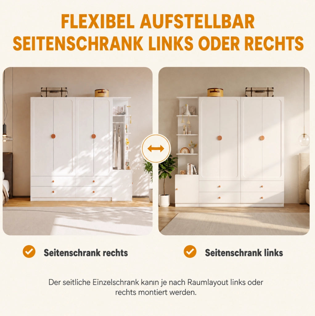 Ampio armadio bianco con 3 tubi appendiabiti, 4 cassetti e design multifunzionale, 200 x 225 x 45 cm
