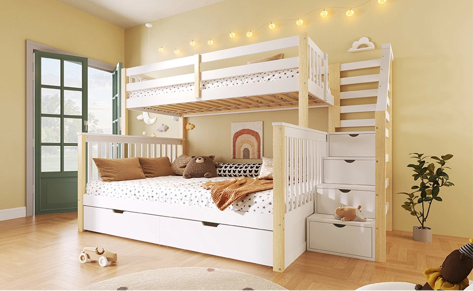 Letto a castello in pino massello 90x200/140x200 con cassetti e spazio salvaspazio, bianco e naturale, senza materasso