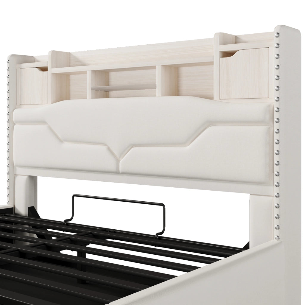 Letto contenitore 160 × 200 cm con sollevamento idraulico; testiera con vano; LED; USB e Type-C; lino beige