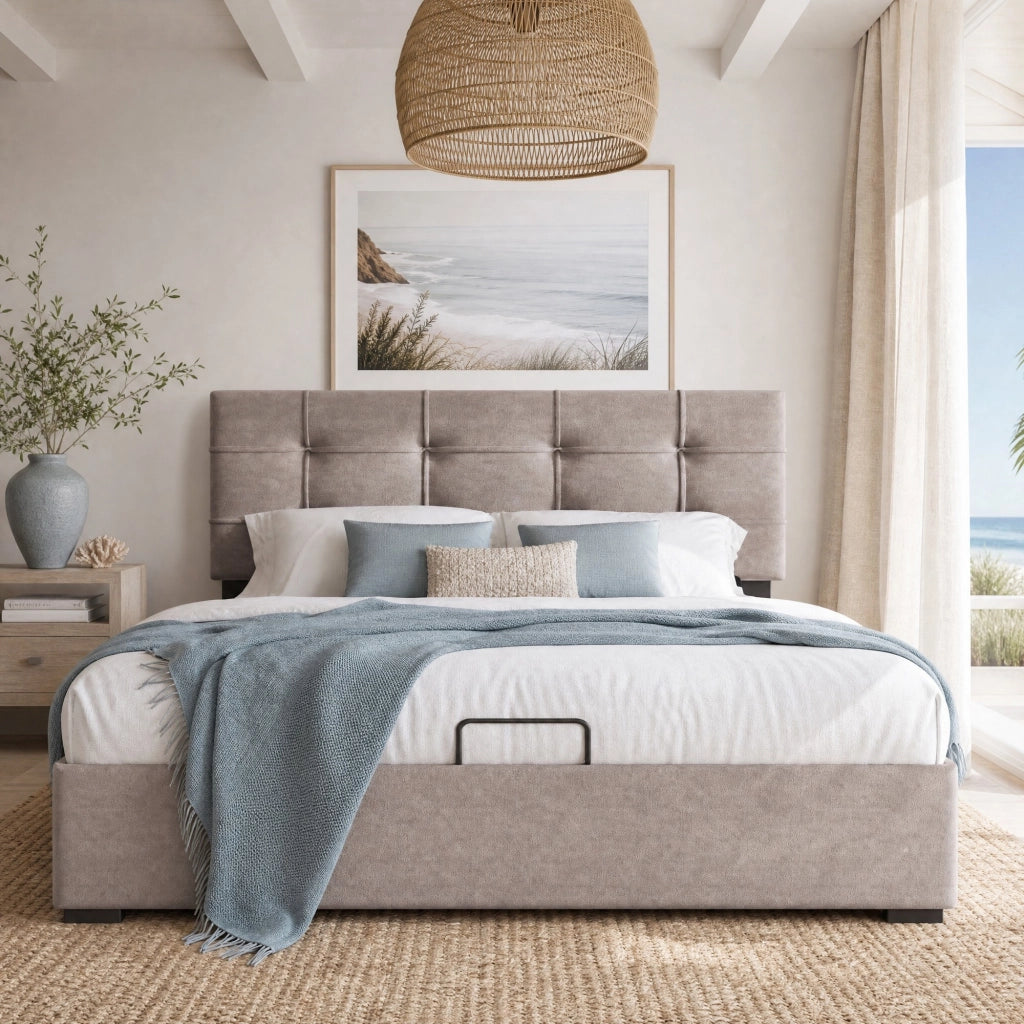 Letto matrimoniale imbottito 140 ¡Á 200 cm con contenitore testiera regolabile in velluto grigio chiaro