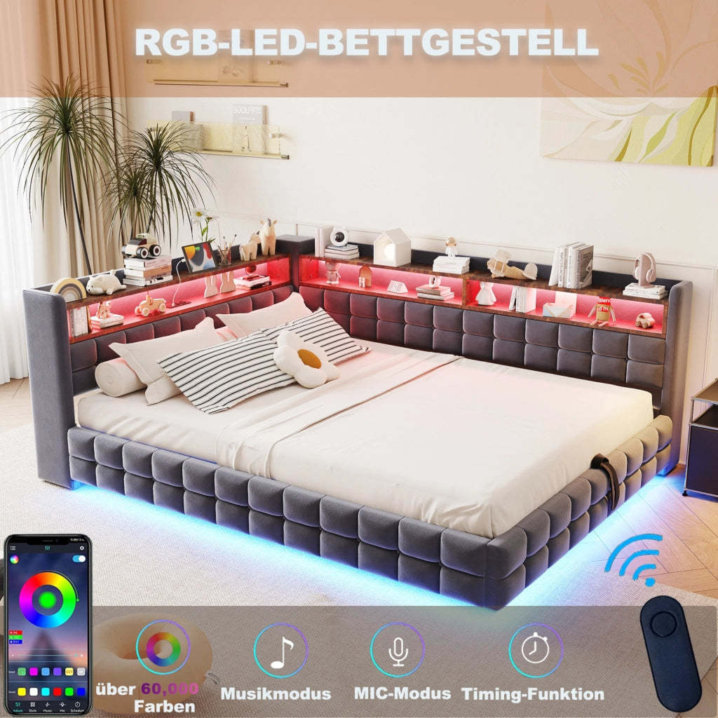 Divano letto imbottito 140x200 cm con contenitore; LED; prese USB e Type-C; grigio