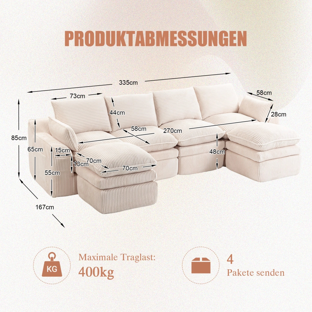 Divano modulare 4 posti in velluto a coste beige con 2 pouf, cuscini e 2 tasche laterali, imbottitura a 3 strati con molle integrate