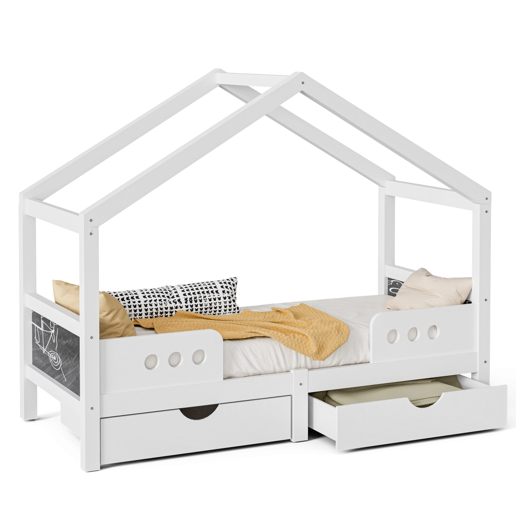 Letto per bambini 90x200 cm con tetto, 2 cassetti e lavagna in legno e MDF bianco