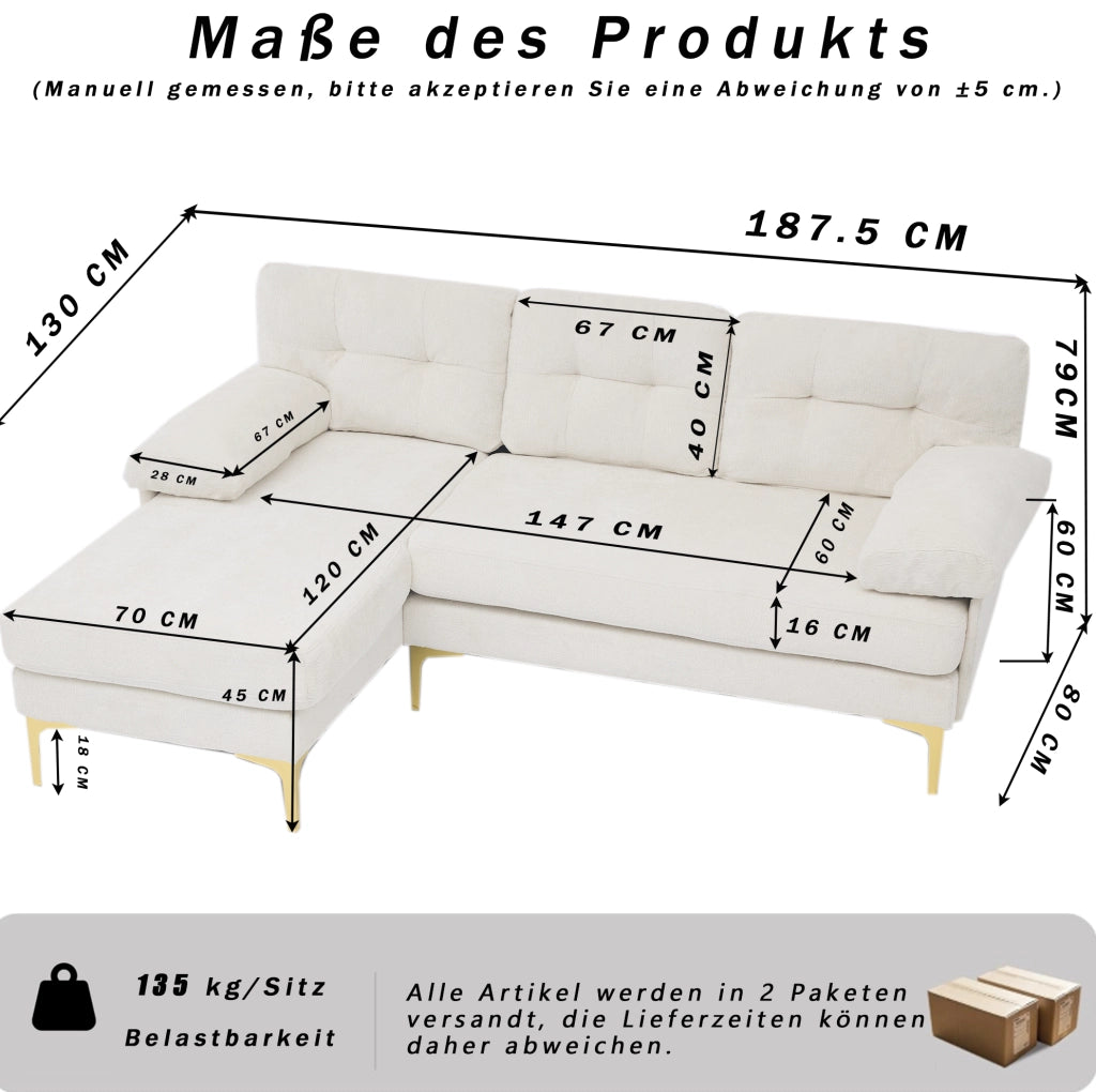 Divano angolare ULEVR 3 posti 187,5x130 cm con chaise longue reversibile, rivestimento in ciniglia beige