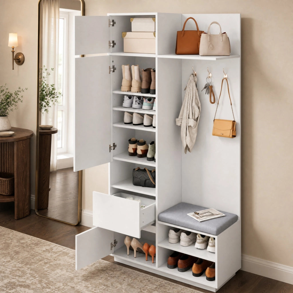 Guardaroba da ingresso compatto 5 in 1 bianco in MDF