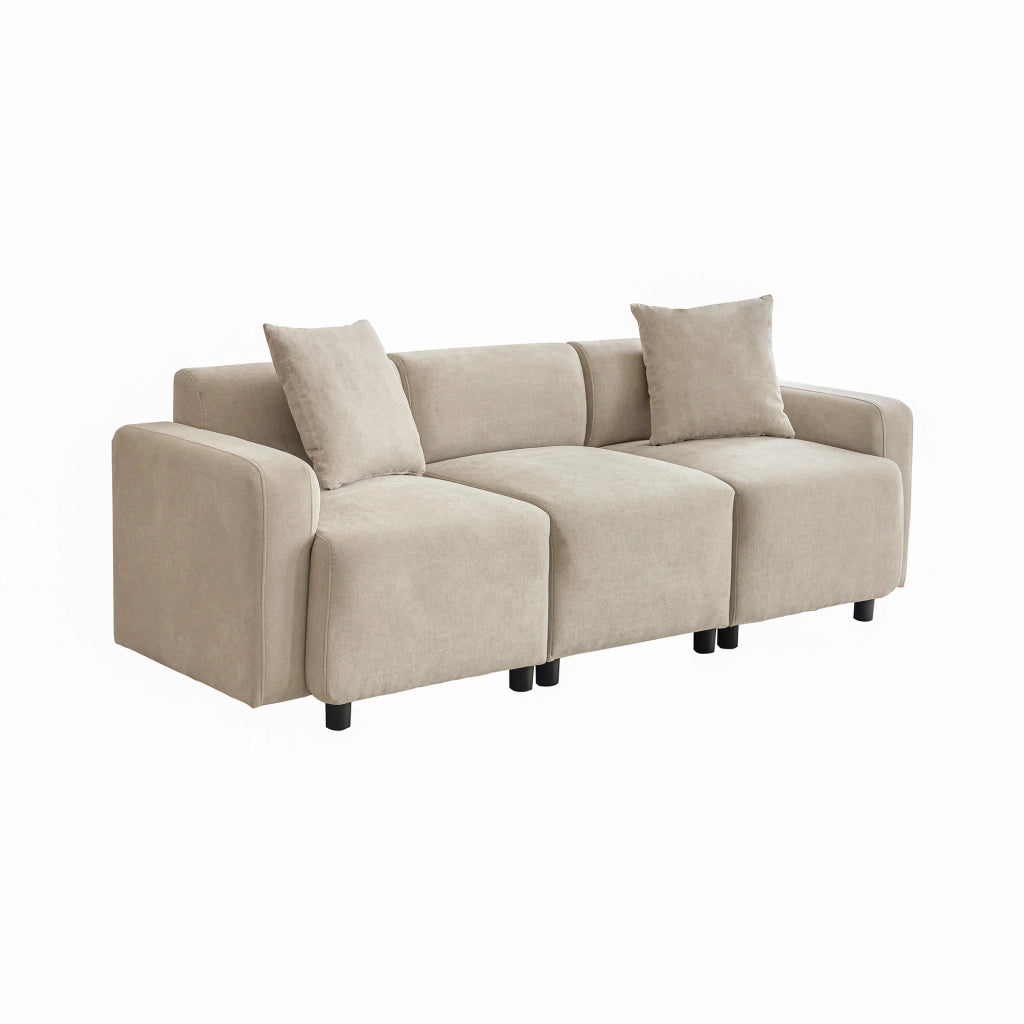 Divano 3 posti in ciniglia beige con braccioli arrotondati e 2 cuscini