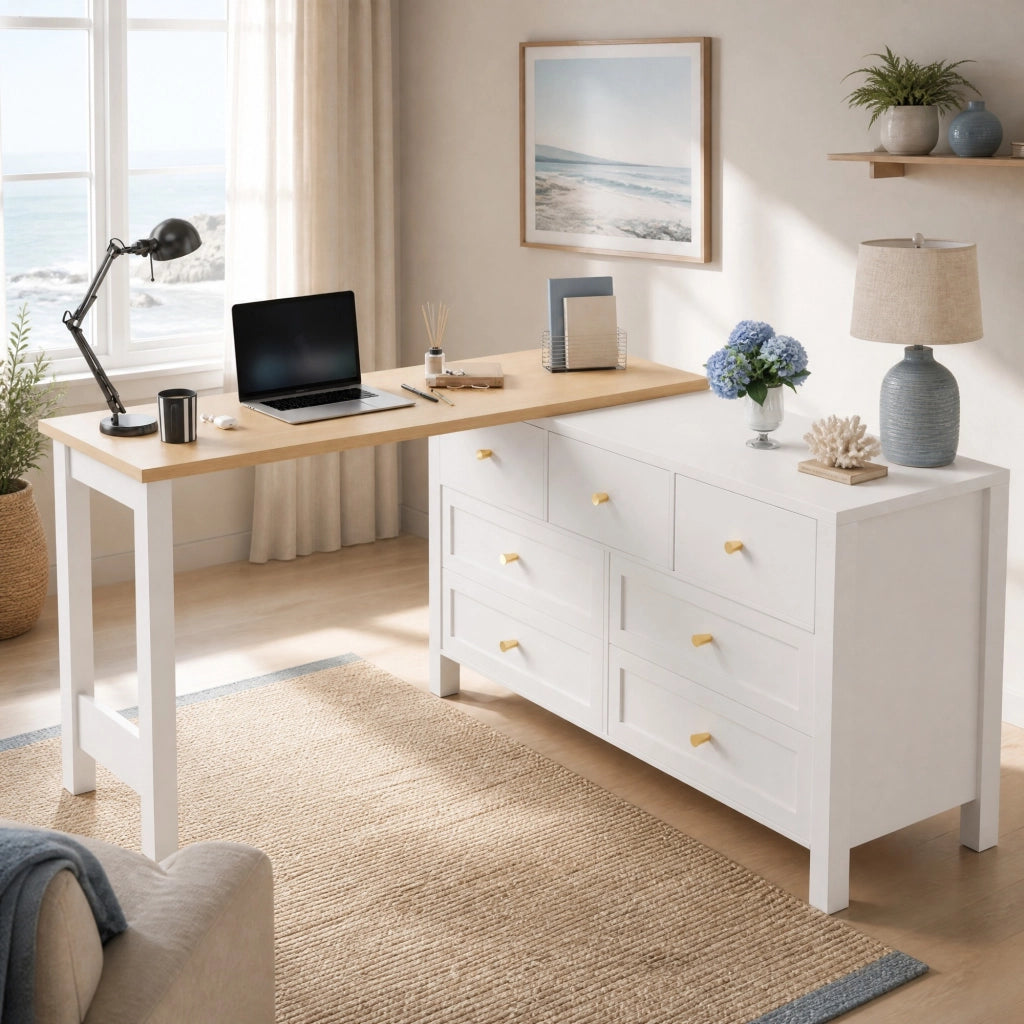 Scrivania angolare girevole con 7 cassetti piano a 360° in pannello truciolare bianco e rovere 120 × 40 × 70 cm