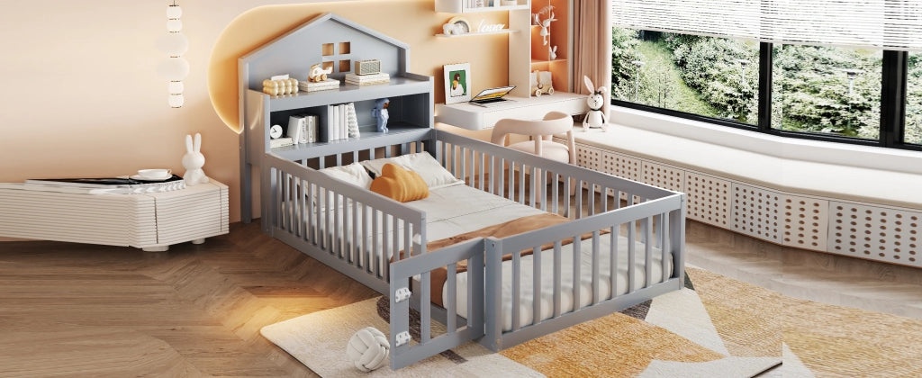 Letto per bambini a casetta 90 × 200 cm in legno grigio con rete a doghe protezione e vani contenitore