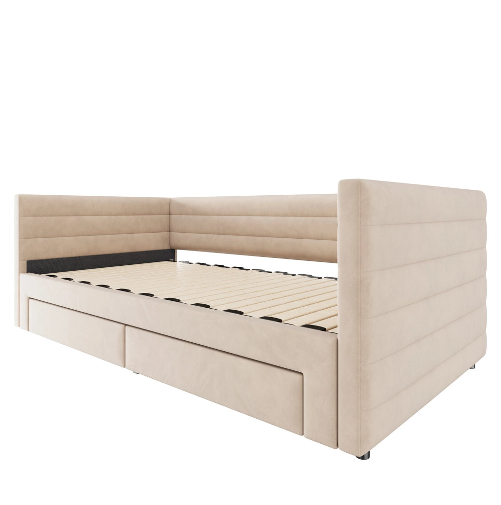 Letto imbottito 3-in-1 con 2 cassetti; divano e letto estraibile 90x190/180x190 cm; beige