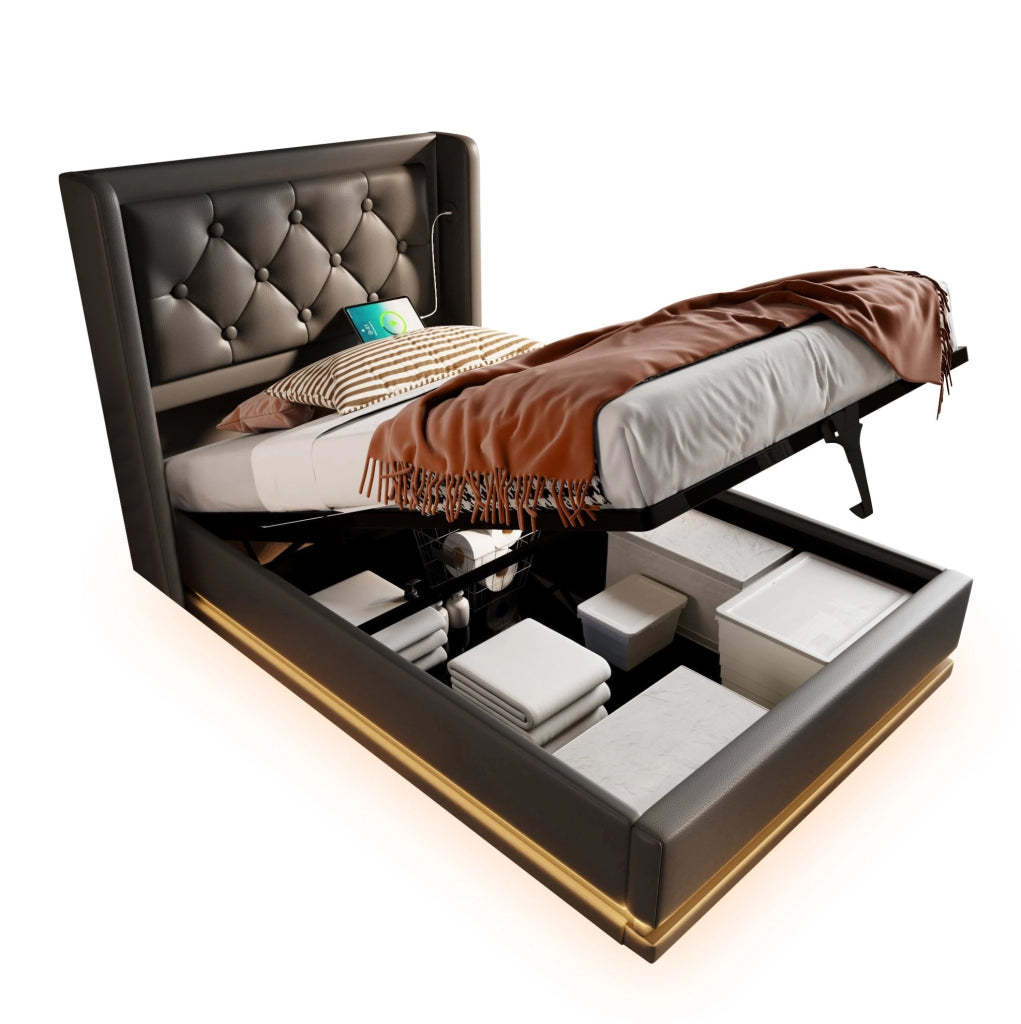 Letto contenitore 90x200 cm con LED e USB C; PU nero