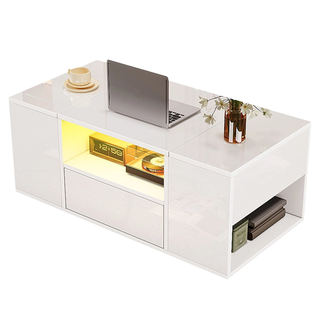 Tavolino da salotto 100 x 50 x 40 cm con LED; finitura bianco lucido; da assemblare