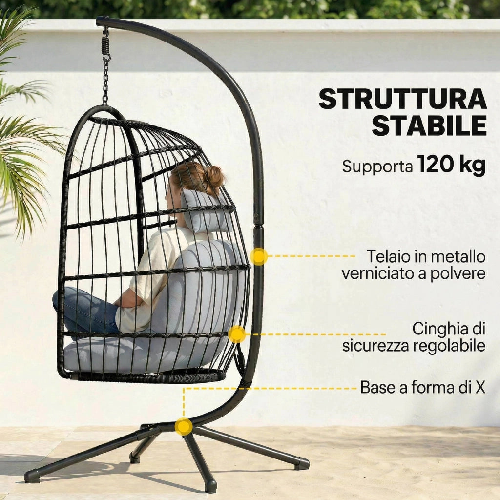 Sedia a Uovo Sospesa 105x101x196 cm con Supporto e Cinghia di Sicurezza in Metallo e Rattan PE Nero e Grigio Chiaro