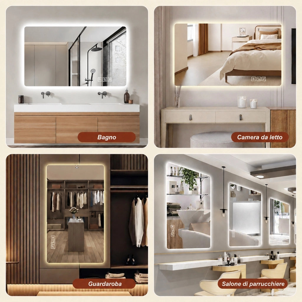 Specchio bagno led 60x100 specchio retroilluminato antiappannamento; luce dimmerabile 3 colori; vetro infrangibile; argento