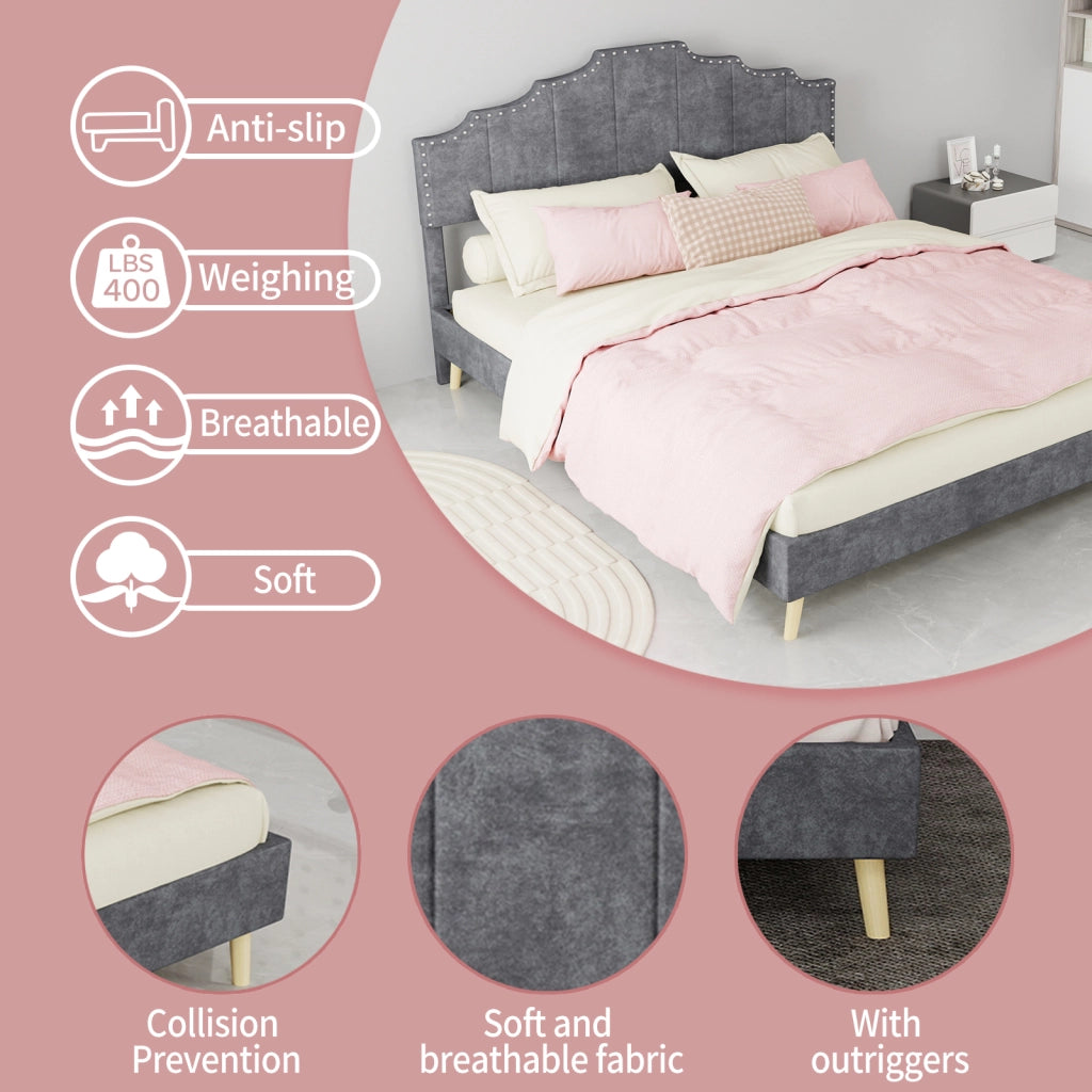 Letto con testiera geometrica per materasso 160 × 200 cm in tessuto grigio con rete a doghe