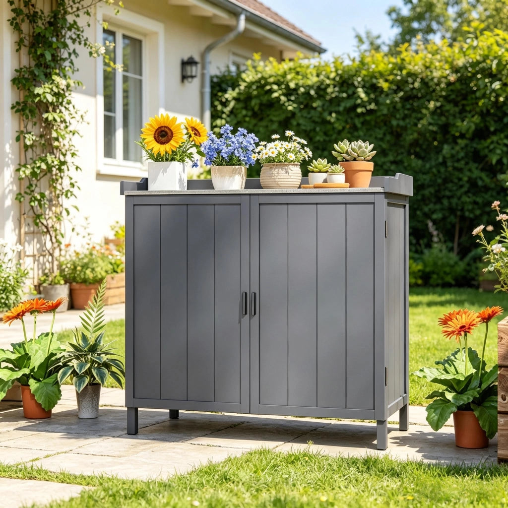 Mobile contenitore da giardino con 2 ante ripiano e piano di lavoro per balcone e terrazza 98×48×95.5 cm