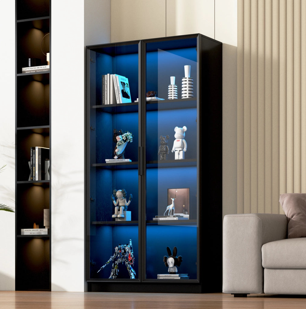 Vetrina in truciolato con porte in vetro e illuminazione LED controllabile tramite app, 80x40x160 cm, mobile alto per soggiorno nero