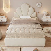 Letto singolo imbottito in velluto beige 90x200 cm con testiera a petali curvati