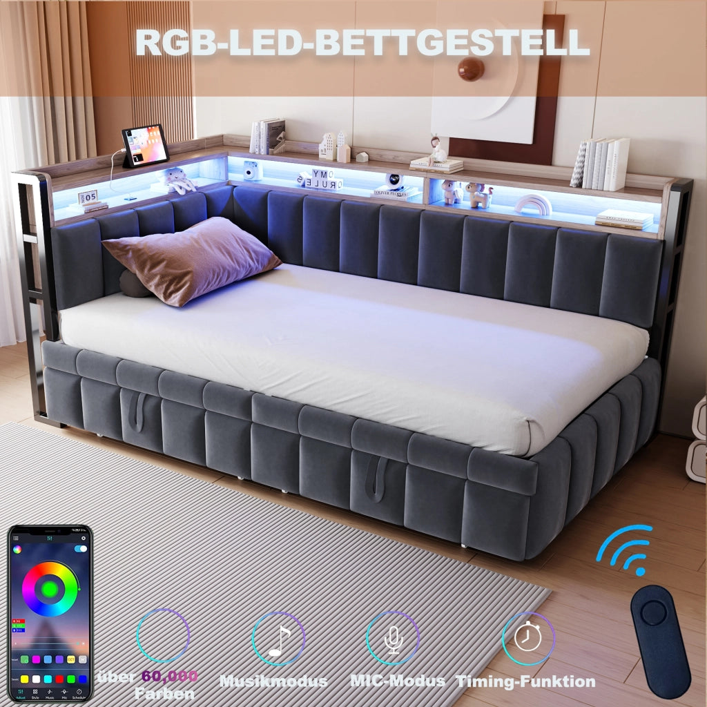 Letto Estraibile 90x200 cm con LED; USB e Type-C; Mensole e Velluto Grigio