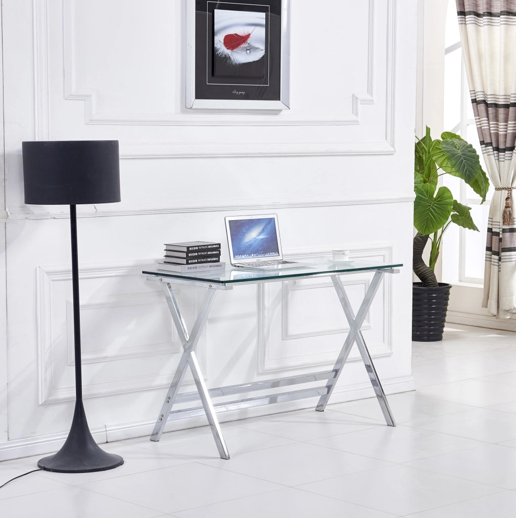 Scrivania per computer in vetro temperato trasparente con bordi arrotondati 110x55x76 cm