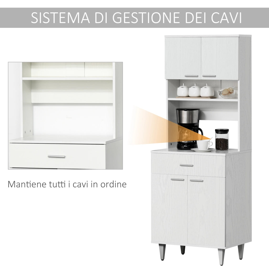 Credenza Alta da Cucina, Madia Classica Bianca in Legno con 2 Armadietti e 1 Mensola, Bianco, 60x40x160cm