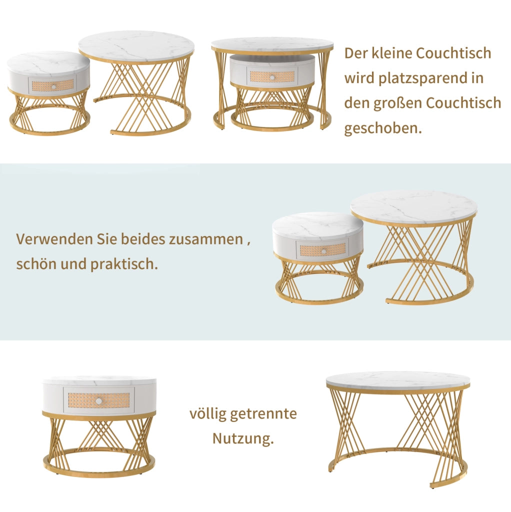 Set di 2 tavolini rotondi in MDF con cassetto; bianco e oro