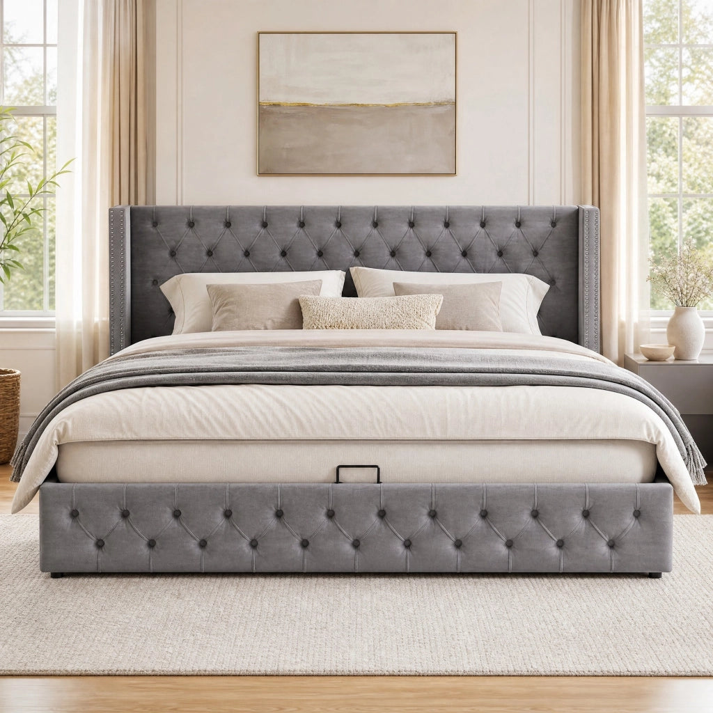Letto matrimoniale contenitore 140 ¡Á 190 cm in velluto grigio con testiera capitonn¨¦ e rete a doghe
