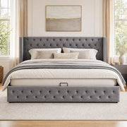 Letto matrimoniale contenitore 140 ¡Á 190 cm in velluto grigio con testiera capitonn¨¦ e rete a doghe