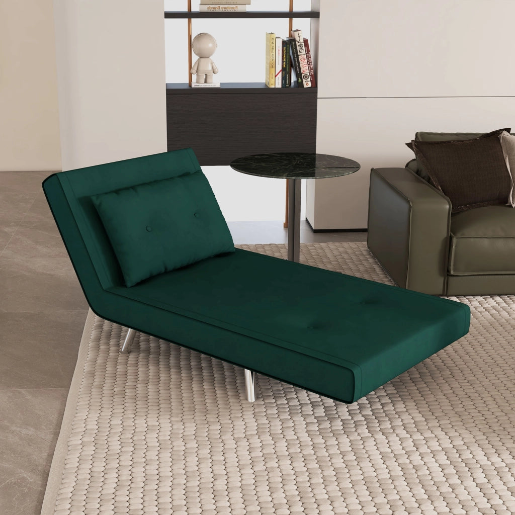 Poltrona letto 3 in 1 con schienale regolabile, cuscino e gambe in acciaio, in poliestere verde scuro