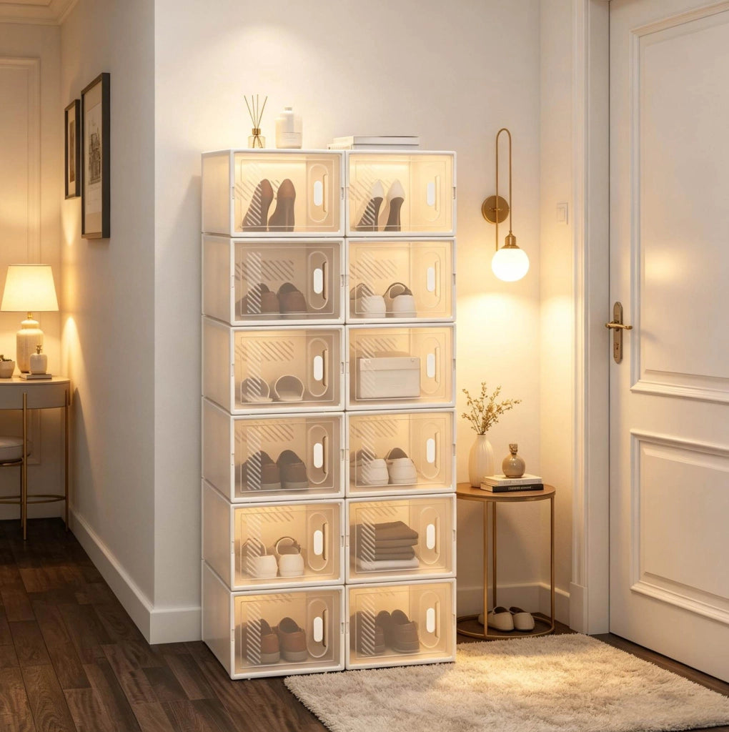 Set di 12 scatole per scarpe impilabili trasparenti e bianche 50x35,5x111,5 cm
