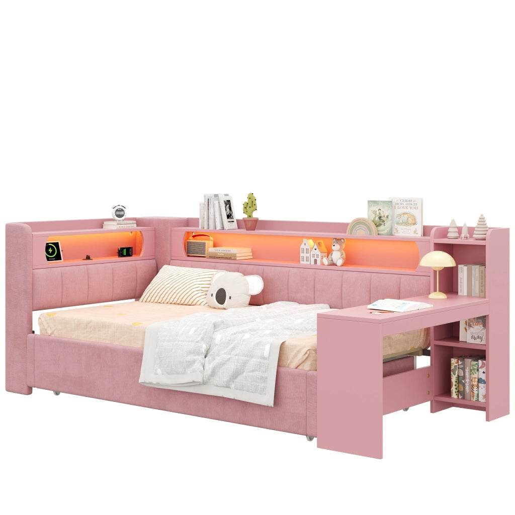 Letto imbottito con LED e giroletto estraibile ¨C Minimal ¨C Rosa velluto 90x200 cm