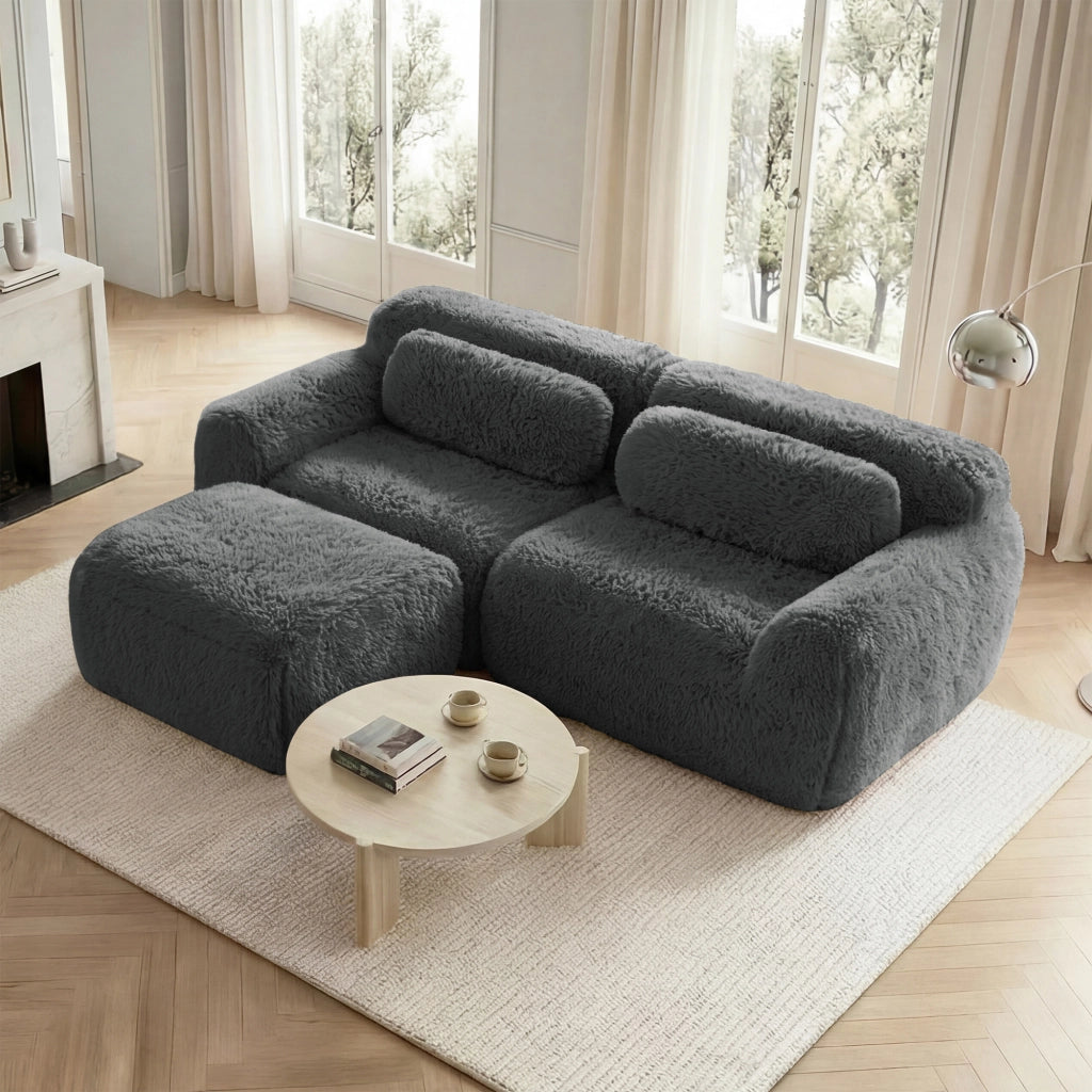 Divano modulare ad angolo in peluche grigio con schiuma ad alta resilienza e base antiscivolo senza montaggio