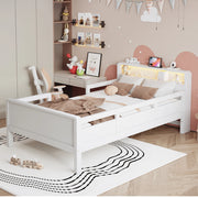 Letto per bambini 90 x 200 cm con contenitori, LED e USB/USB-C, letto singolo in pino bianco con ripiano di testiera e sponde di sicurezza