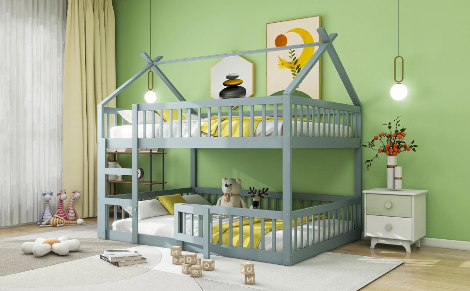 Letto a castello per bambini 140 × 200 cm con scala in legno grigio porta apribile e sponde alte