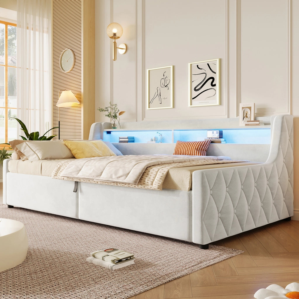Letto singolo imbottito 90 × 200 cm con vano contenitore LED in velluto bianco sporco senza materasso