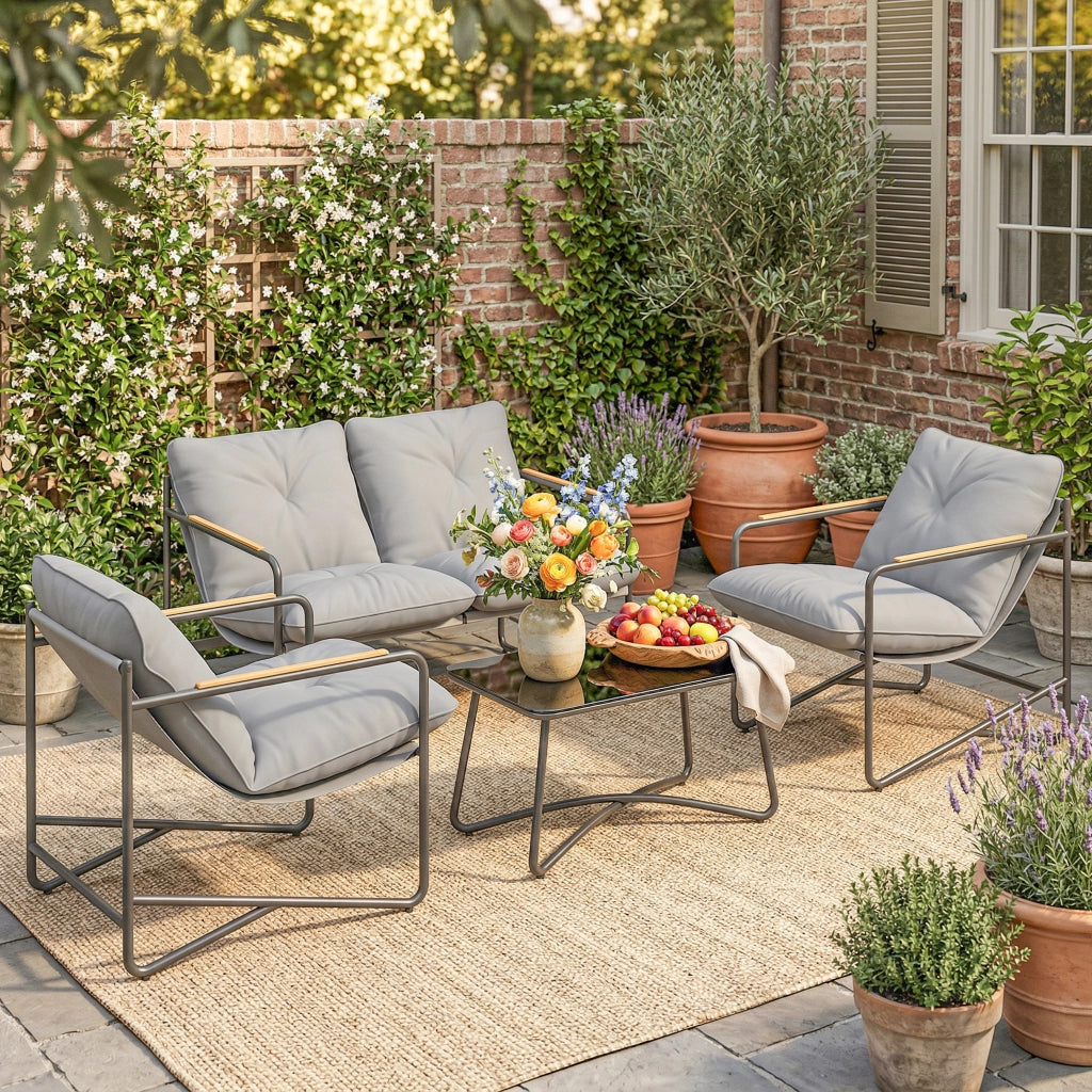 Set 4 Pezzi Salotto da Giardino con Divano 2 Posti e 2 Poltrone con Cuscini in Metallo e Texteline Grigio Chiaro