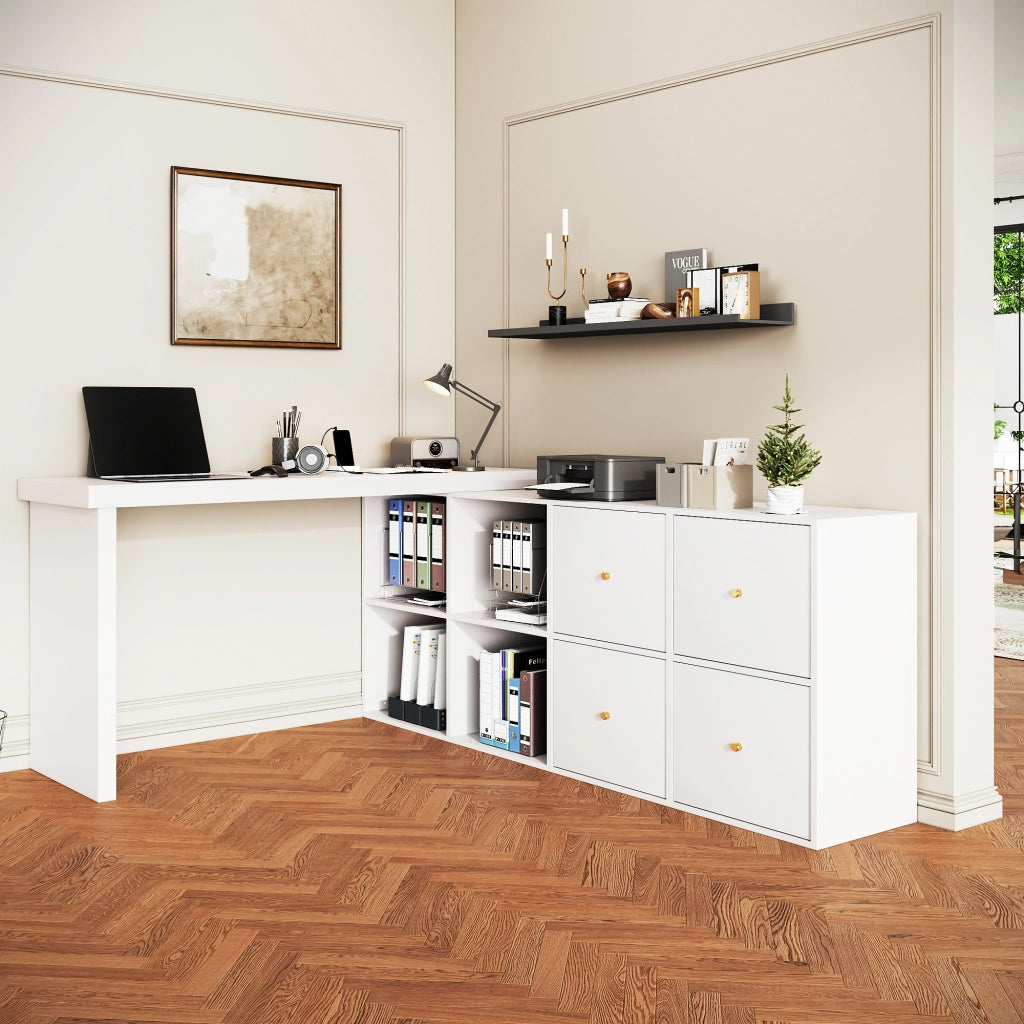 Scrivania ad angolo, piano girevole a 360¡ã ¨C configurabile a L o dritto, MDF, piano e gambe rinforzati 4 cm, con 4 scomparti, 4 cassetti, bianco, posizionamento flessibile