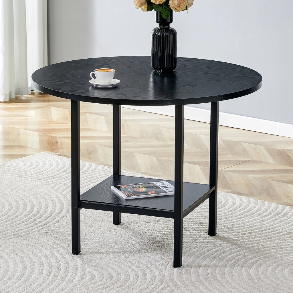 Tavolo rotondo da pranzo con ripiano portaoggetti 100 cm nero in MDF e metallo per 4-6 persone
