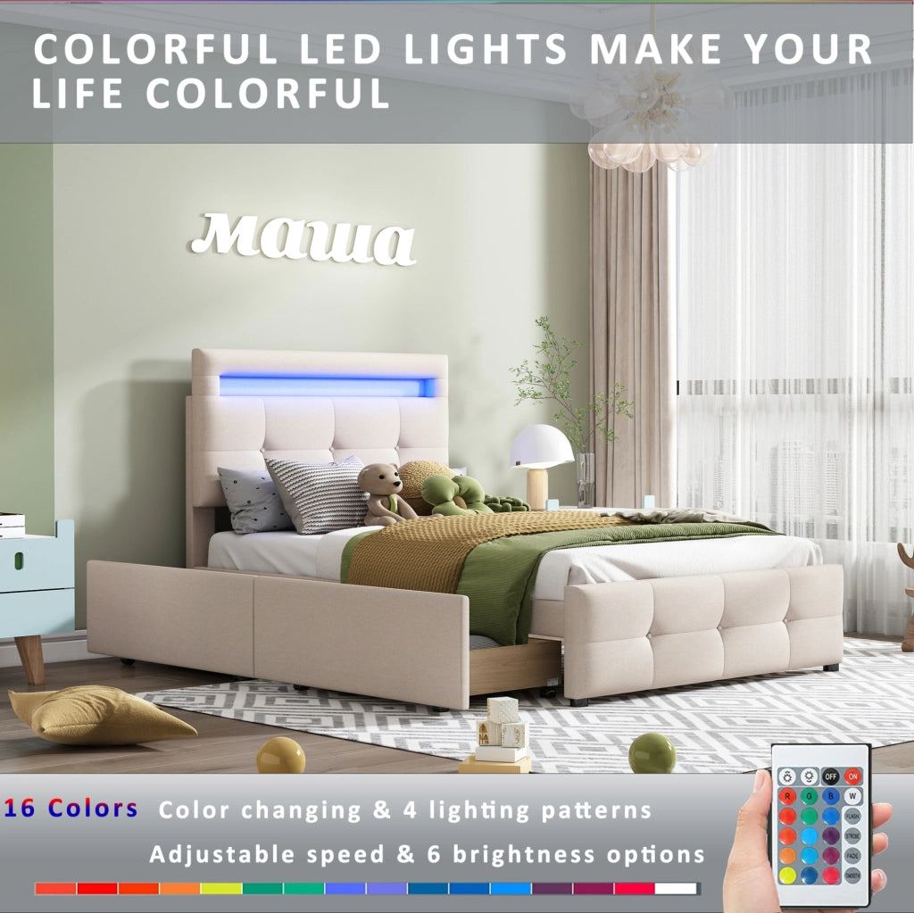 Letto singolo imbottito con LED; 2 cassetti e rete a doghe; beige