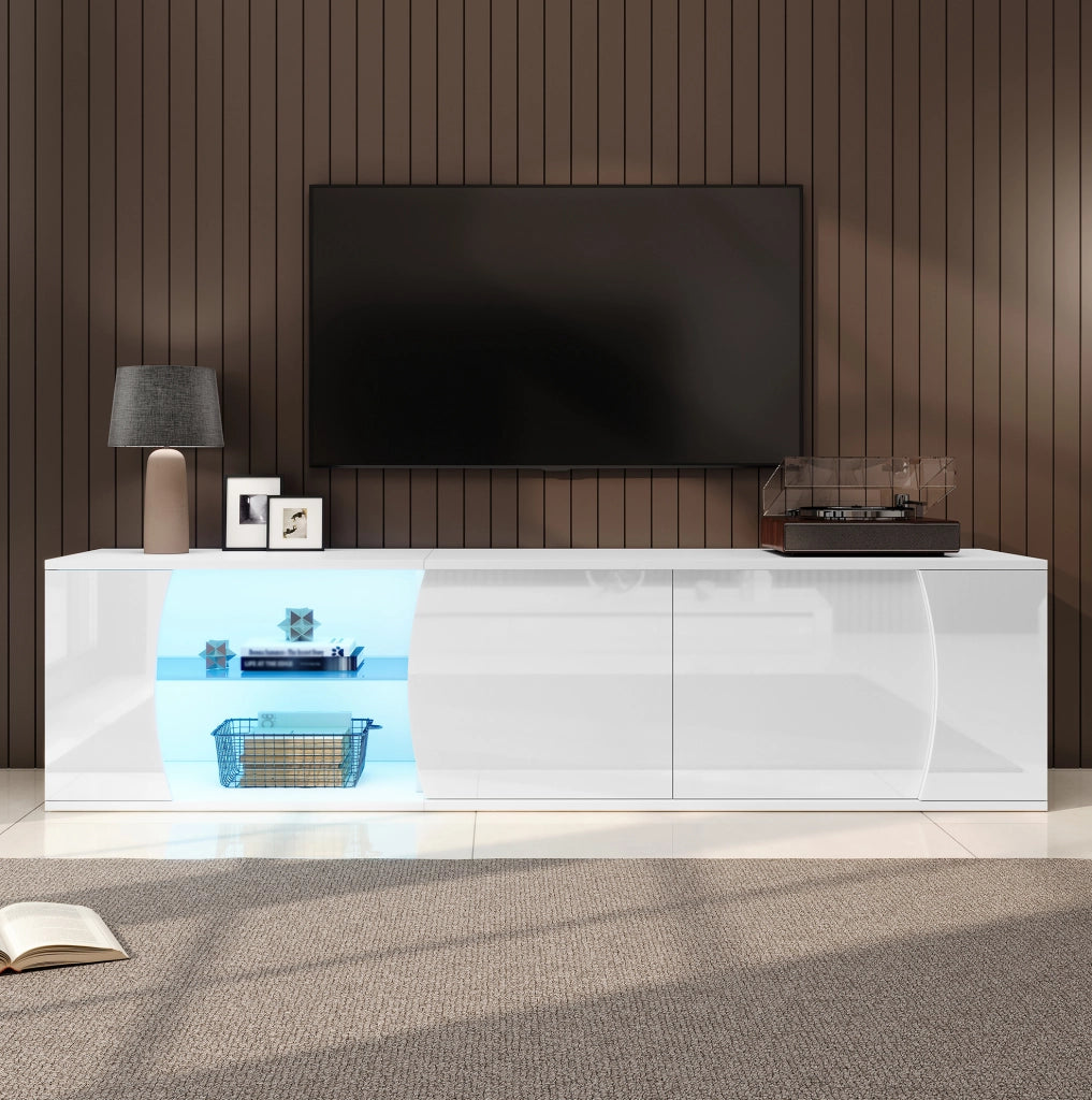 Mobile TV bianco lucido 180 cm con LED, 3 ante e ripiani in vetro