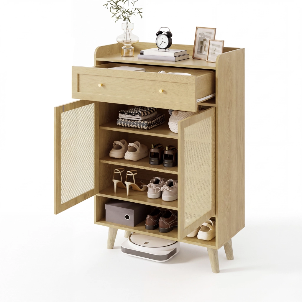 Mobile contenitore con ante, cassetto e ripiani in rovere chiaro 80x105x35 cm