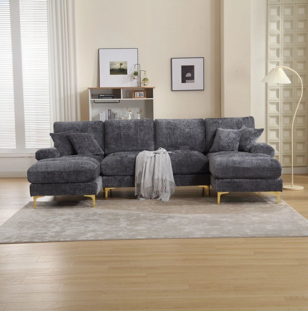 Divano modulare moderno a forma di U in chenille con doppie sedute reclinabili, struttura in legno e piedi in metallo dorato, 272x136x88 cm