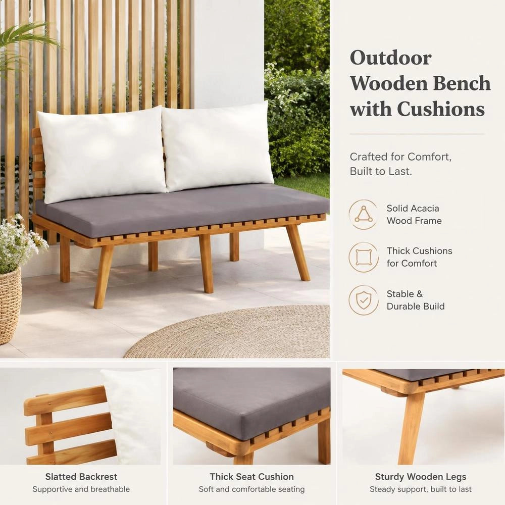 Garden Bench With Cushions, 115 Cm, Solid Acacia Wood