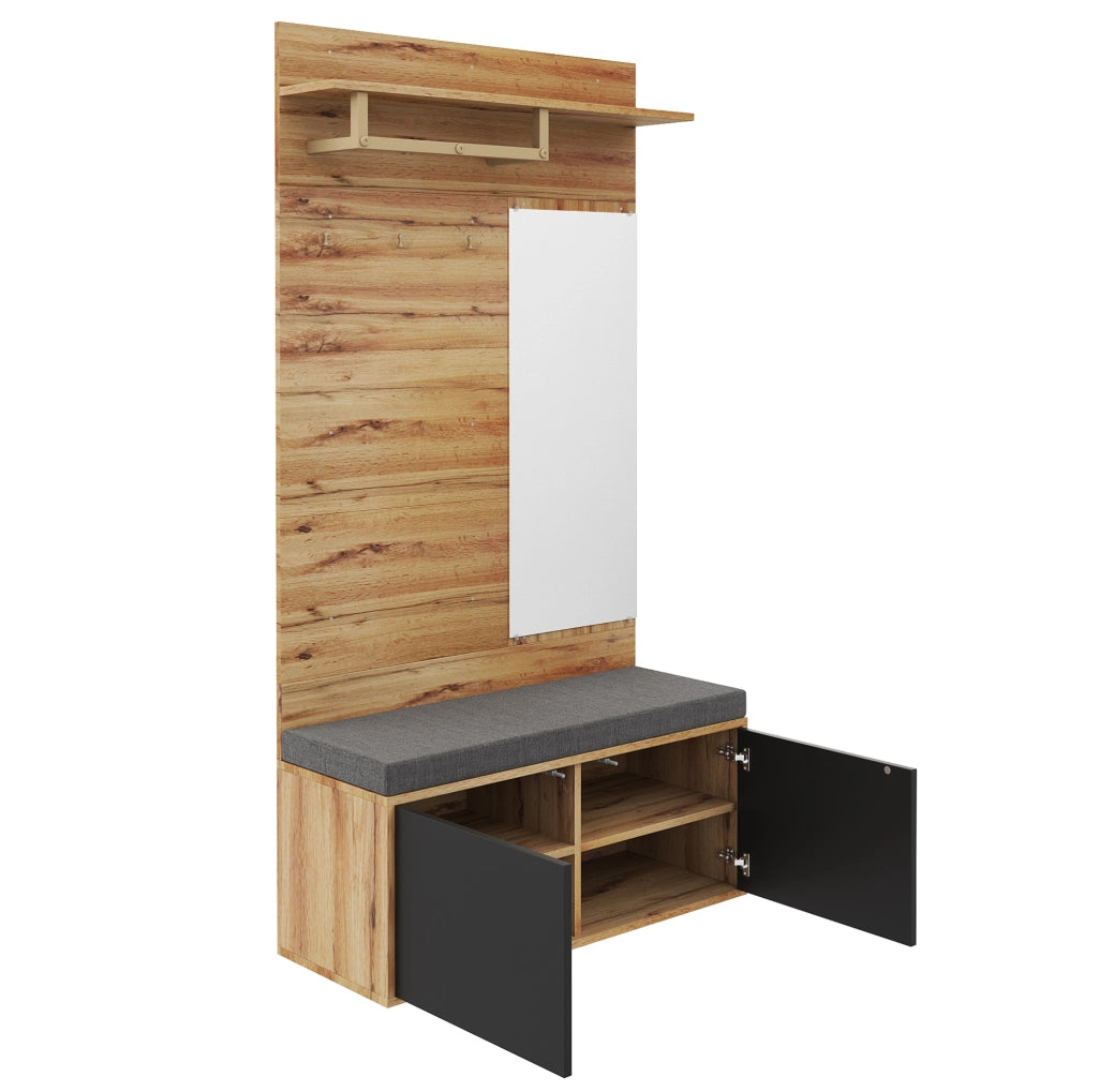 Guardaroba compatto da ingresso nero e legno con specchio