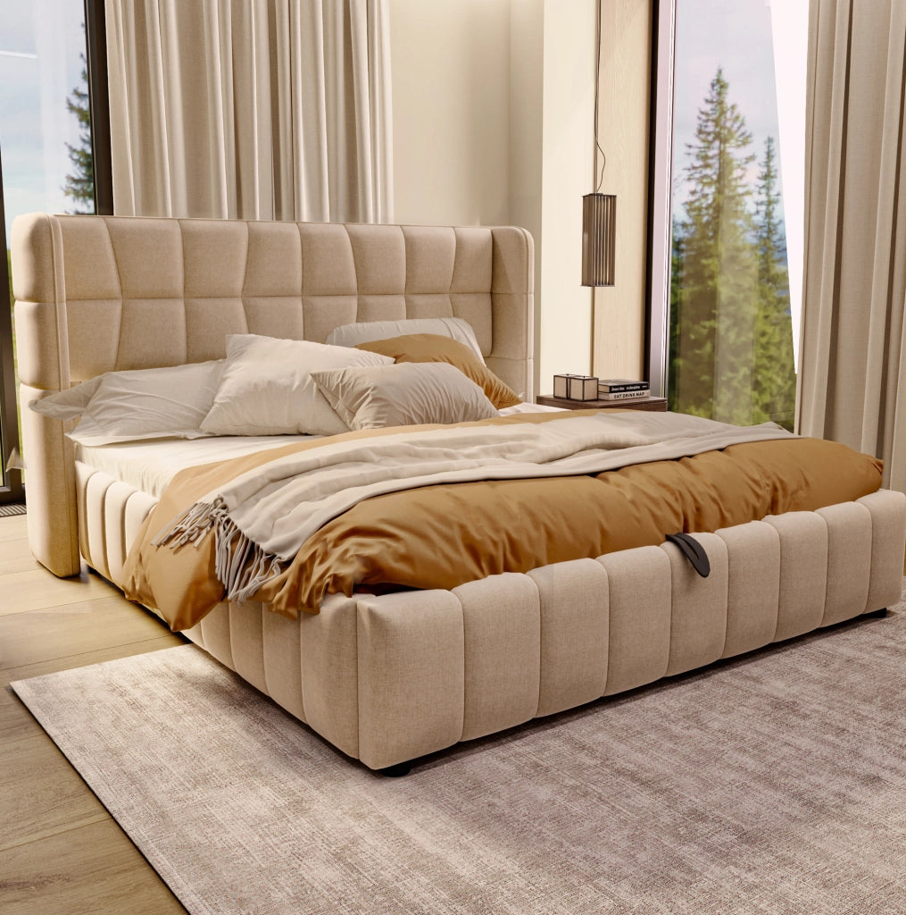 Letto imbottito 180x200 cm con rete a doghe, struttura in metallo e sistema contenitore pneumatico beige