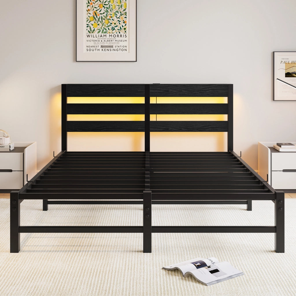 LETTO 140x200 cm in Metallo Nero con LED RGB, USB e spazio sotto letto