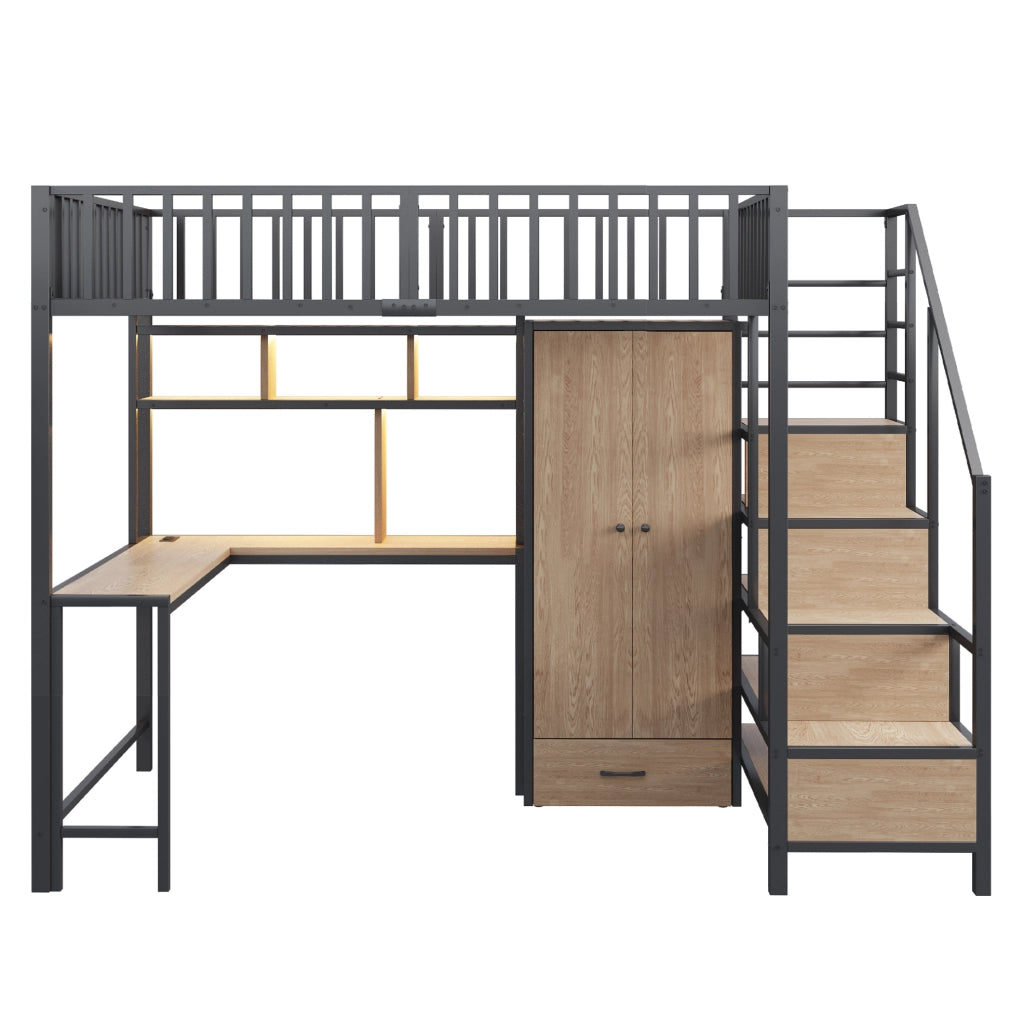 Letto a soppalco 140x200 cm con scrivania, armadio, LED e prese nero
