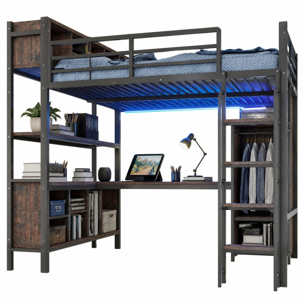 Letto a soppalco 140x200 cm con scrivania, armadio, LED e prese standard europeo nero